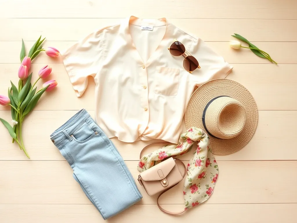 Pastelowa wiosenna stylizacja: bluzka, jasne jeansy, słomkowy kapelusz, kwiatowa apaszka i dodatki w lekkim, świeżym klimacie.