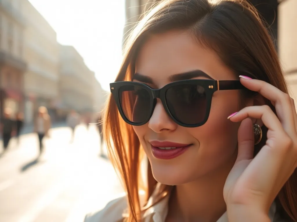 Elegancka kobieta w modnych okularach przeciwsłonecznych na tle słonecznej ulicy, prezentuje stylowe, minimalistyczne dodatki