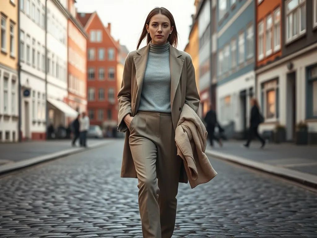 Stylowa osoba w minimalistycznej, skandynawskiej stylizacji idzie po brukowanej ulicy Kopenhagi podczas tygodnia mody.