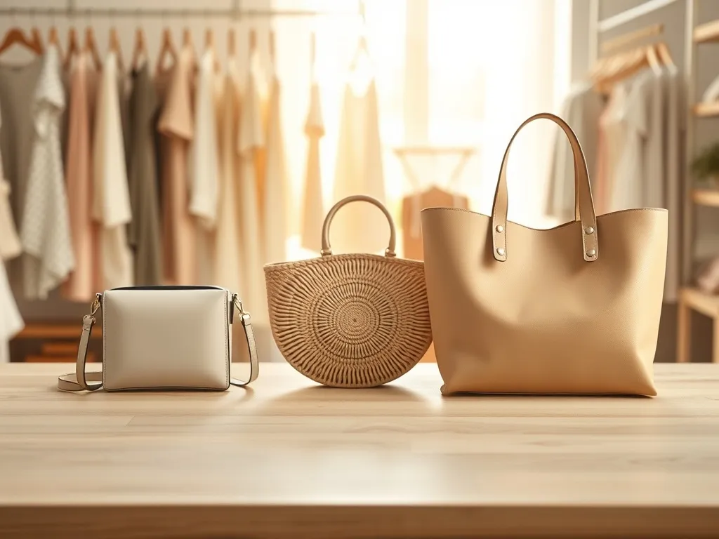 Trzy modne torebki na jasnym stole w butikowym wnętrzu, prezentujące trendy wiosna-lato w pastelowych i neutralnych kolorach.