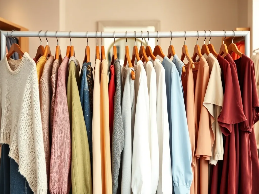 Kolorowe ubrania plus size na wieszaku w przytulnym butiku, prezentujące modne i wygodne propozycje dla kobiet