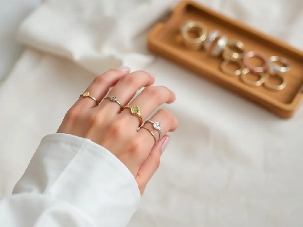 Dłoń z modnymi pierścionkami w różnych metalach na tle tacy z biżuterią, prezentacja najnowszych trendów w pierścionkach.