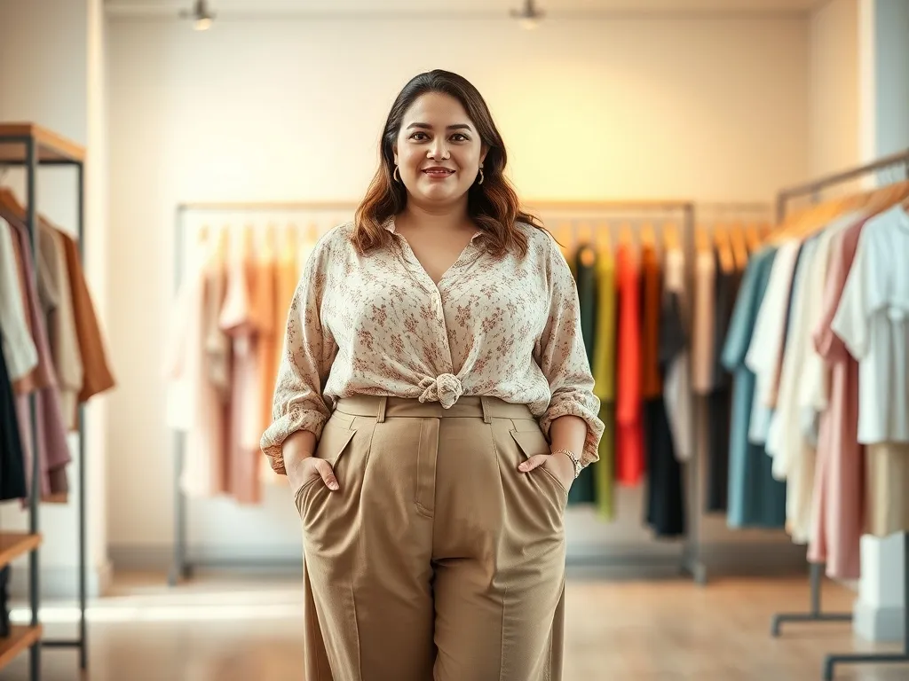 Pewna siebie kobieta plus size w modnej stylizacji w butiku, pokazująca wygodne i stylowe ubrania w większych rozmiarach.