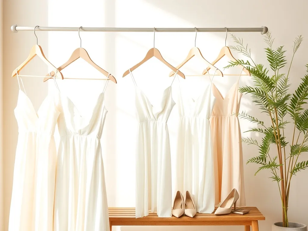 Pastelowe sukienki na komunię na wieszakach, obok nude szpilki i kopertówka, jasne wiosenne, eleganckie wnętrze.