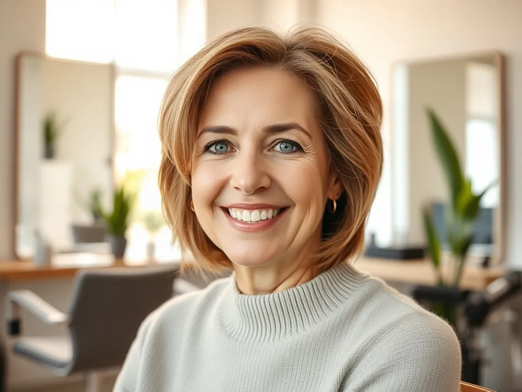 Uśmiechnięta dojrzała kobieta z odmładzającym krótkim bobem w jasnym, nowoczesnym salonie fryzjerskim.