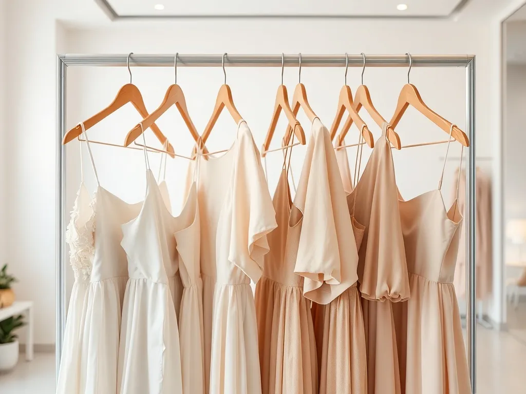 Eleganckie pastelowe sukienki na wieszaku w butikowym wnętrzu, prezentujące różne fasony idealne na wesele.