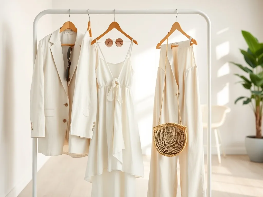 Minimalistyczny stojak z pastelowymi stylizacjami SS 2026 w jasnym, nowoczesnym wnętrzu, podkreślający modne trendy sezonu