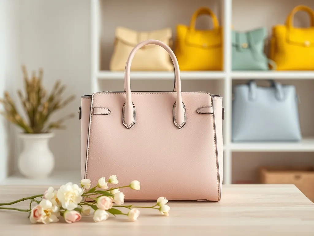 Pastelowa torebka w różowo‑beżowych odcieniach na stole, w tle kolorowe modele wiosenne w miękkich pastelach.