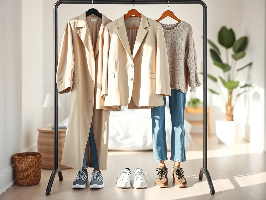 Minimalistyczny stojak z modnymi ubraniami w neutralnych kolorach w jasnej, nowoczesnej sypialni, zapowiedź nadchodzących trendów.