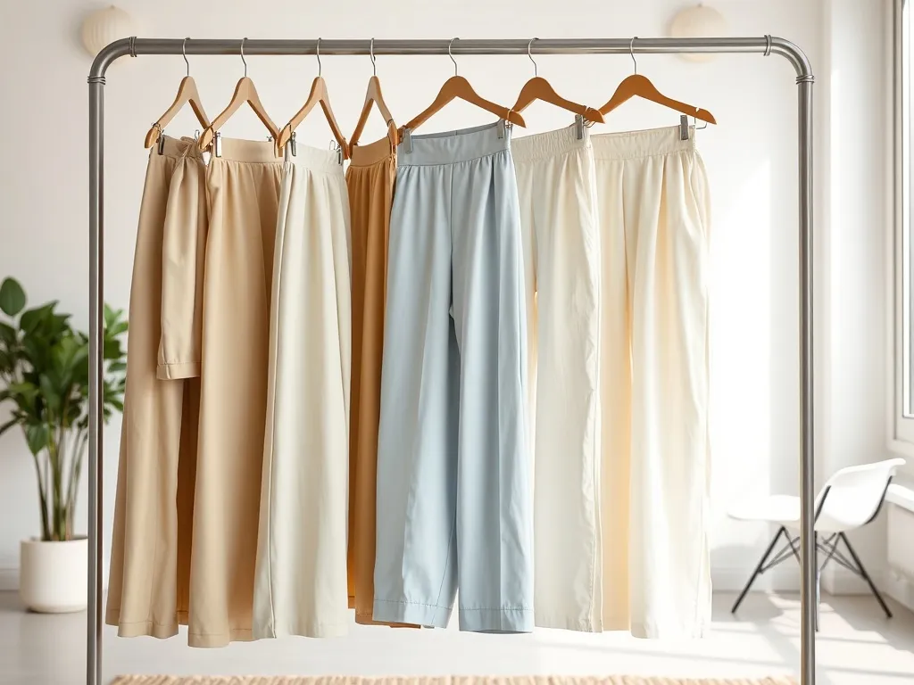 Minimalistyczny wieszak z modnymi spodniami damskimi w wiosennych fasonach i pastelowych kolorach w jasnym, nowoczesnym wnętrzu.