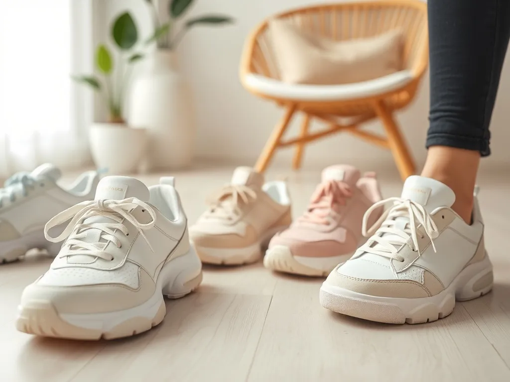 Różne modele modnych sneakersów damskich ułożone na podłodze, prezentujące różne style i kolory obuwia