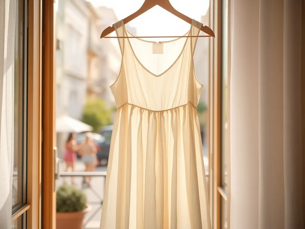 Zwiewna letnia sukienka na wieszaku przy otwartym balkonie, pastelowe kolory i lekki materiał w słonecznej, miejskiej scenerii.