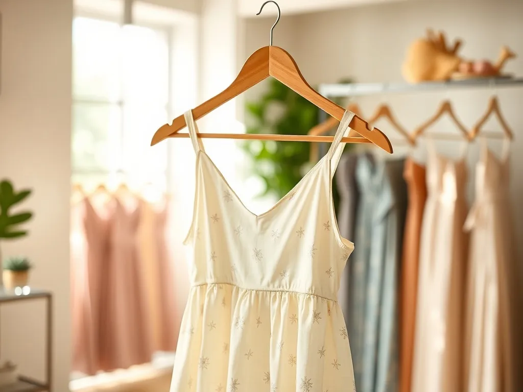 Zwiewna, letnia sukienka w kwiaty na wieszaku w jasnym butiku, prezentująca elegancki wybór sukienek na wesele