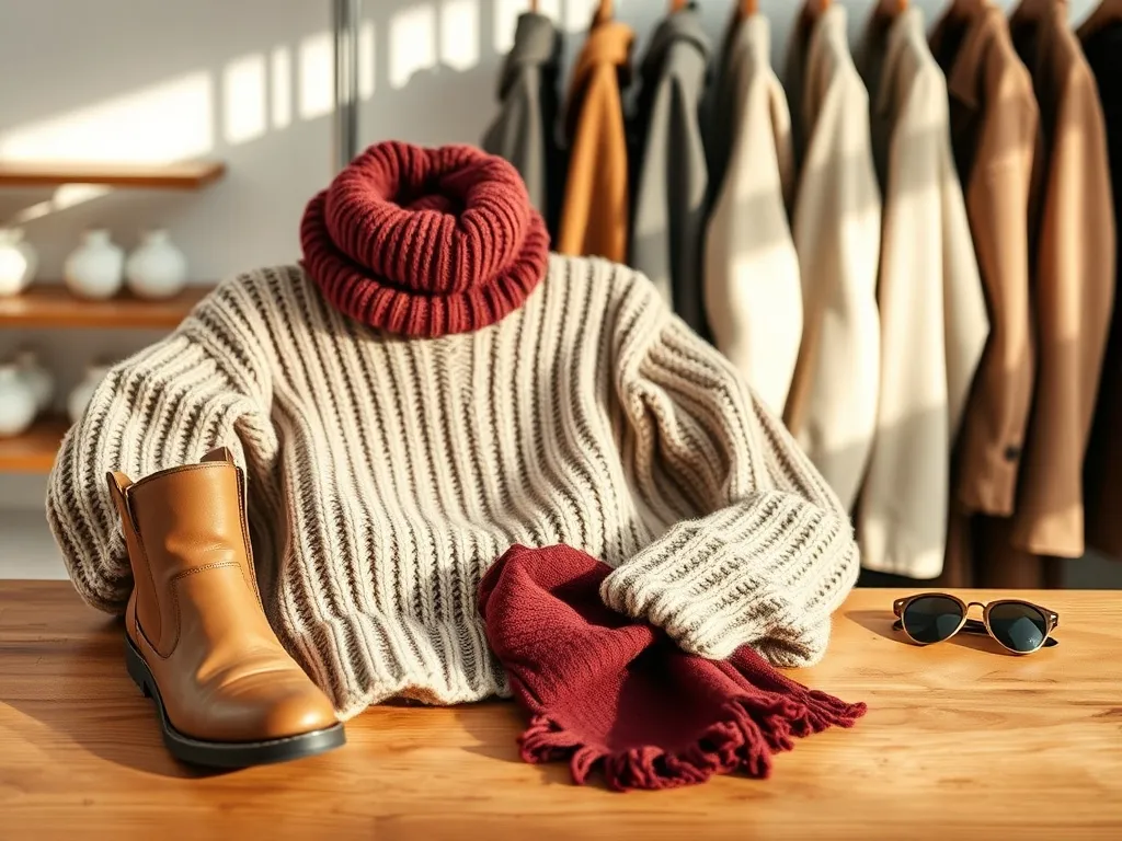 Płaski lay jesienno-zimowych ubrań w beżach i brązach, z ciepłym swetrem, szalikiem i botkami, w minimalistycznym, modnym stylu.