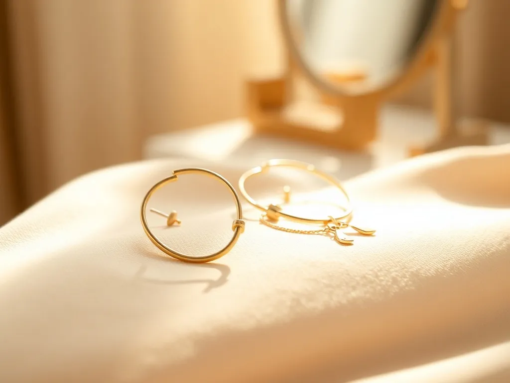 Zbliżenie na modne złote kolczyki o minimalistycznych kształtach na beżowej tkaninie, w ciepłym, naturalnym świetle.