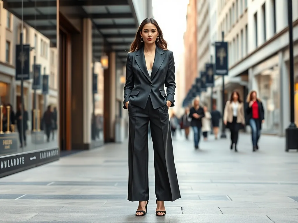 Stylowa kobieta w miejskiej scenerii prezentuje wybiegową stylizację, pokazując jak przenieść trendy z Vogue na ulicę.