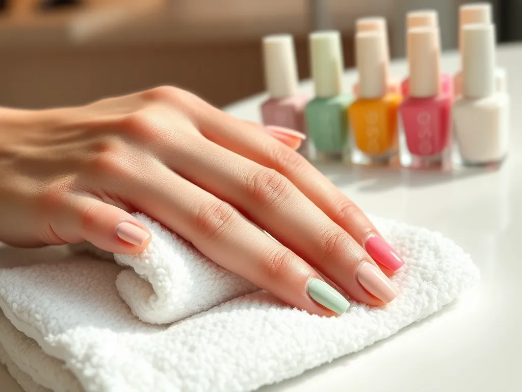 Dłoń z modnym manicure w pastelowych i wyrazistych kolorach, różne wzory nail art, tło z lakierami w salonie.