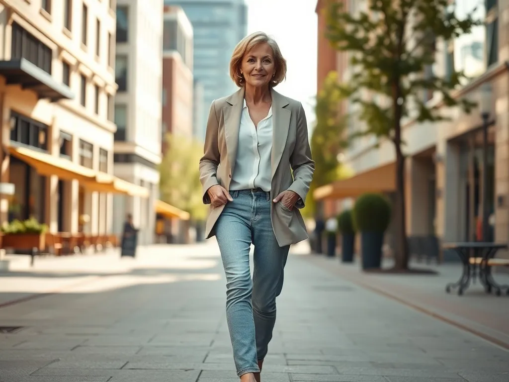 Elegancka 40-latka w klasycznej stylizacji idzie pewnym krokiem po słonecznej, miejskiej ulicy w neutralnych kolorach.