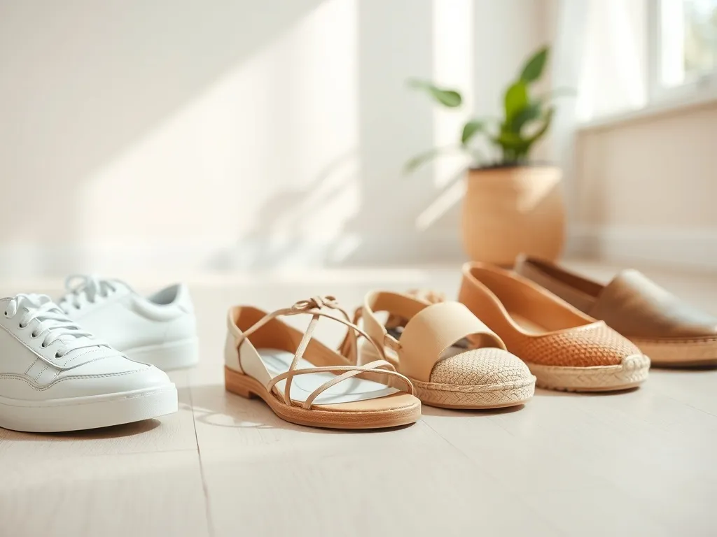 Pastelowe sneakersy, sandały, espadryle i loafersy na jasnej podłodze, prezentujące trendy buty na sezon wiosna–lato.