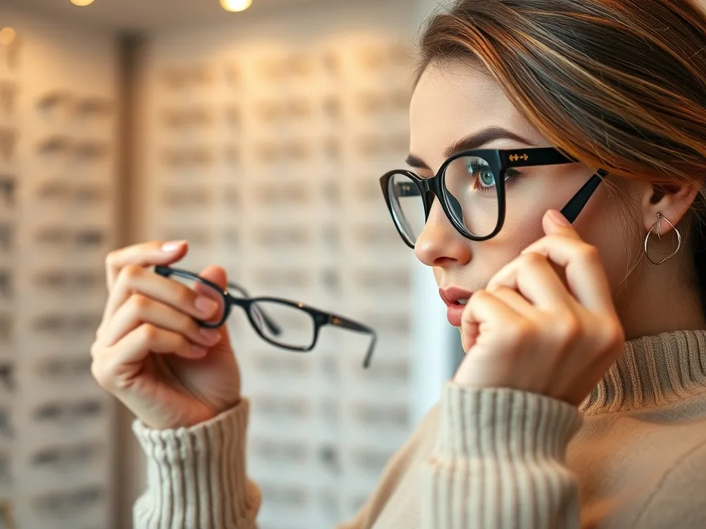 Kobieta w salonie optycznym przymierza dwa modne modele okularów, porównując oprawki do kształtu swojej twarzy.