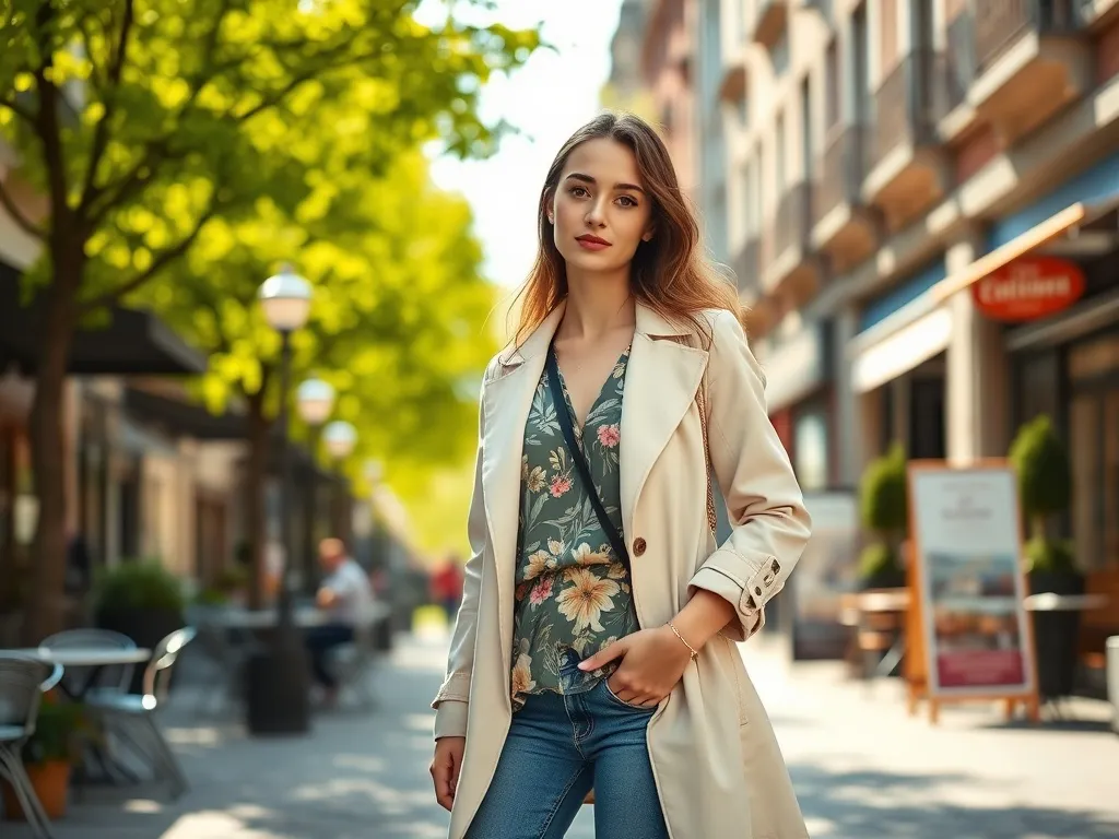 Kobieta w pastelowym trenczu i kwiecistej bluzce pozuje na wiosennej, słonecznej ulicy nowoczesnego europejskiego miasta