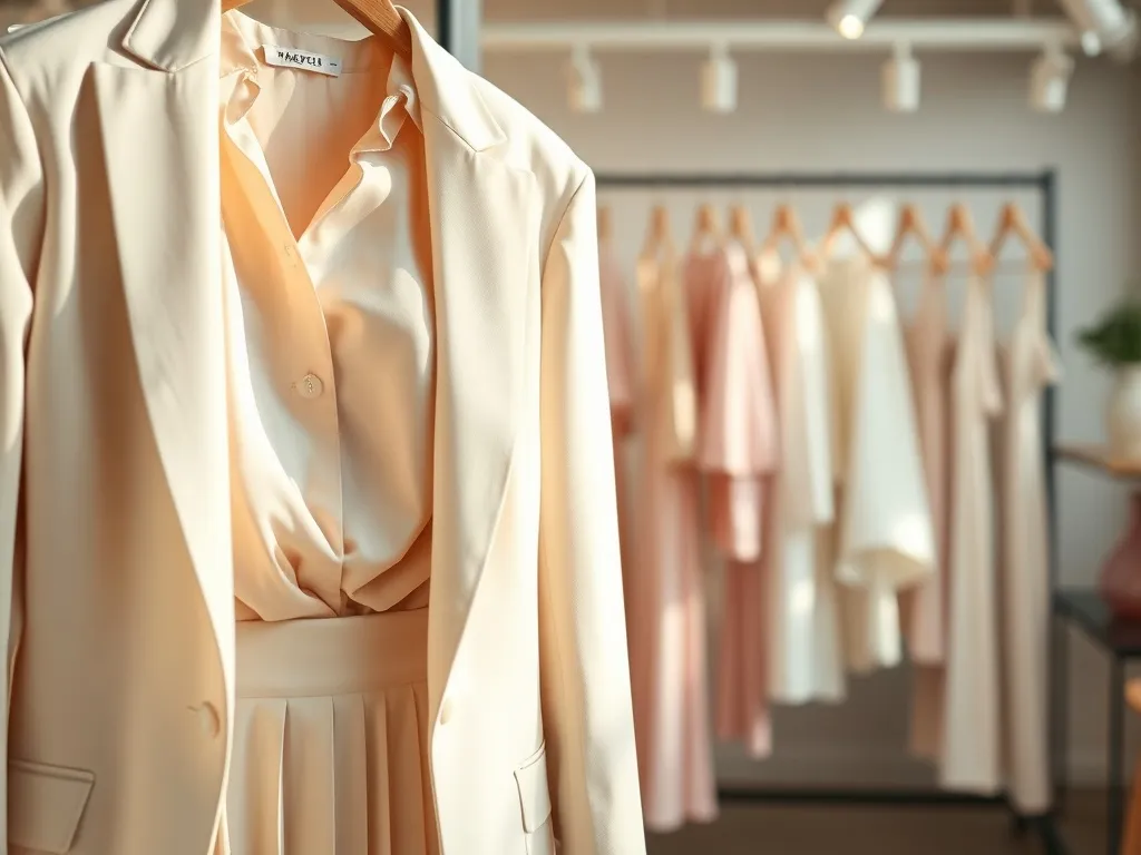 Pastelowy komplet Prada na wieszaku w jasnym butiku, ukazujący lekkie wiosenno-letnie tkaniny i eleganckie kroje