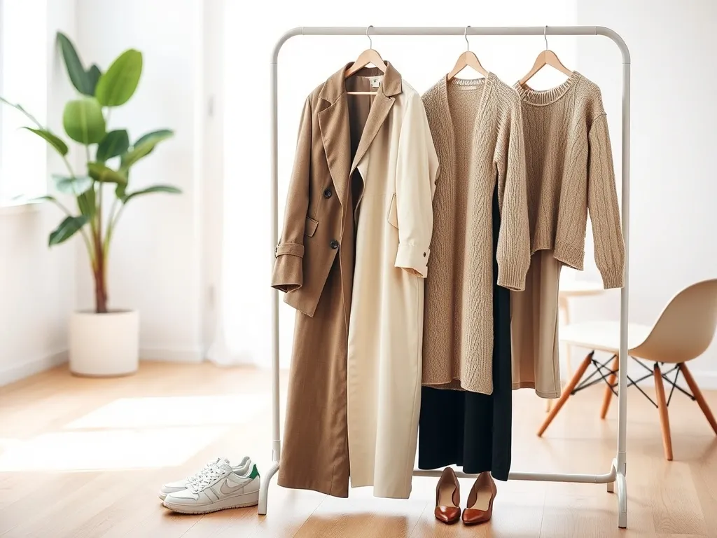 Minimalistyczny stojak z modnymi ubraniami w neutralnych barwach, na podłodze sneakersy i szpilki, w tle jasne, nowoczesne wnętrze.
