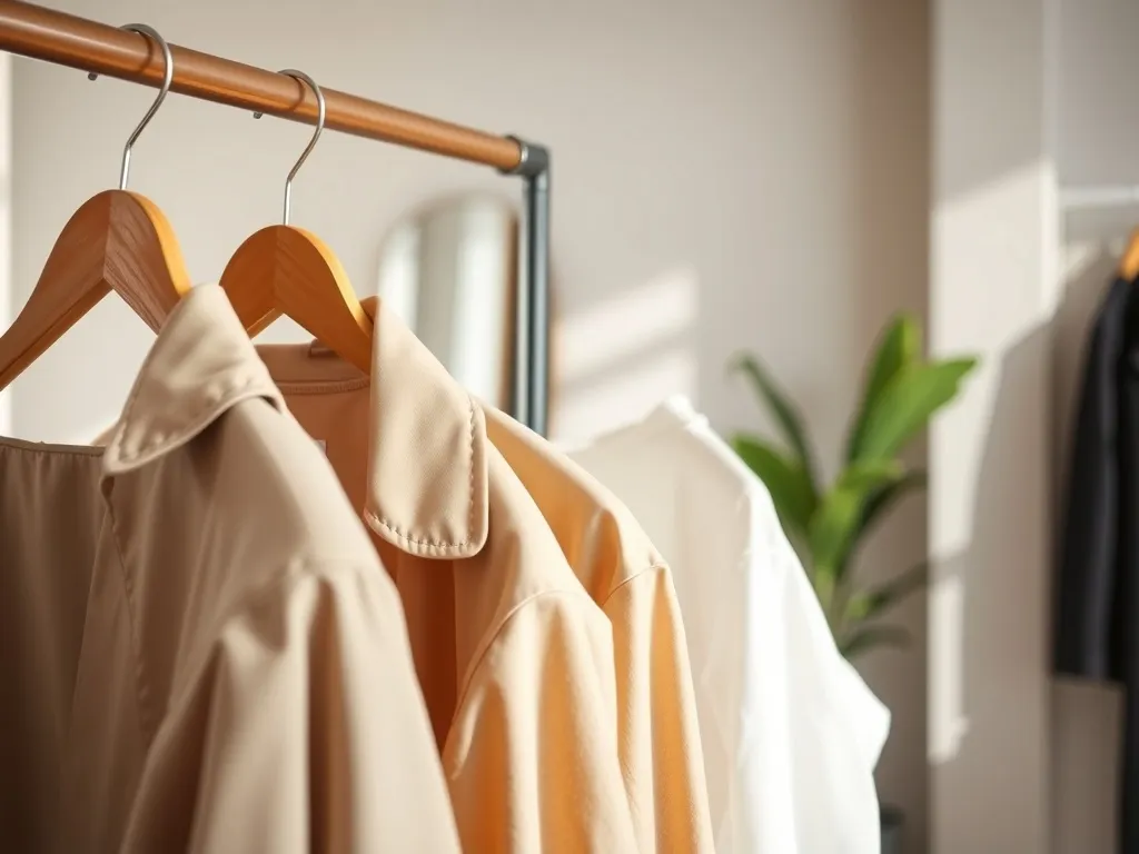 Minimalistyczny wieszak z eleganckimi ubraniami high fashion w neutralnych kolorach w jasnym, nowoczesnym butiku.
