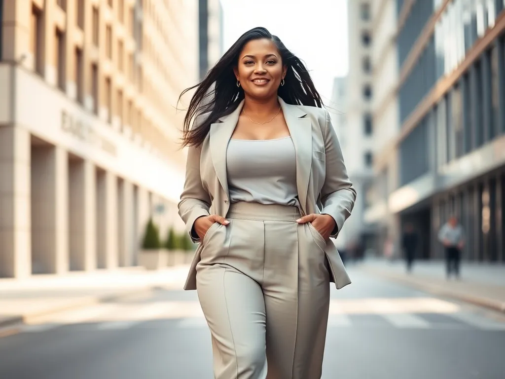 Pewna siebie kobieta plus size w modnych, szerokich spodniach i marynarce idzie ulicą, prezentując elegancki miejski styl.
