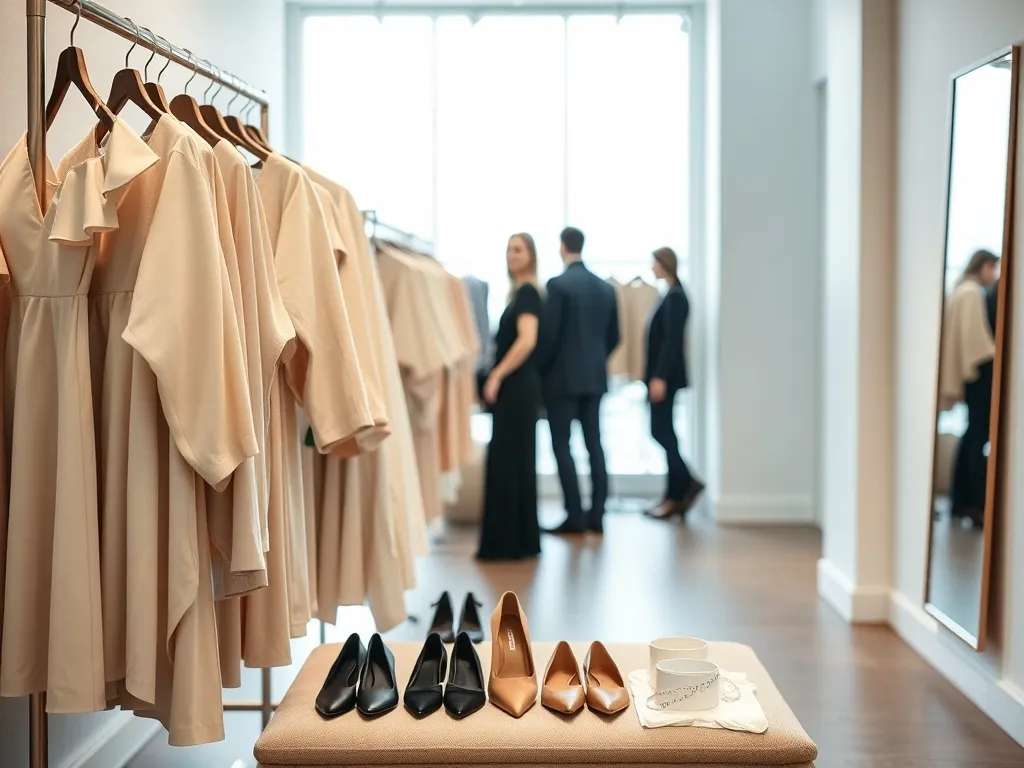 Minimalistyczny butik z neutralnymi stylizacjami, butami i akcesoriami, pokazujący współczesne trendy modowe w sklepie.
