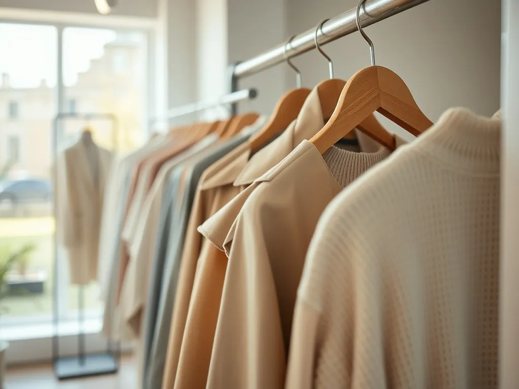 Minimalistyczne ubrania w neutralnych i pastelowych kolorach na wieszaku, prezentujące aktualne polskie trendy modowe.