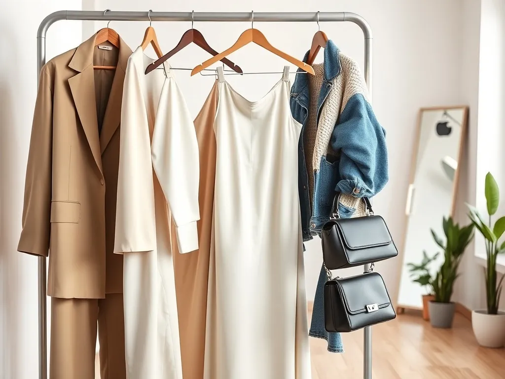 Minimalistyczny wieszak z modnymi ubraniami w neutralnych i pastelowych barwach w nowoczesnej, jasnej sypialni.