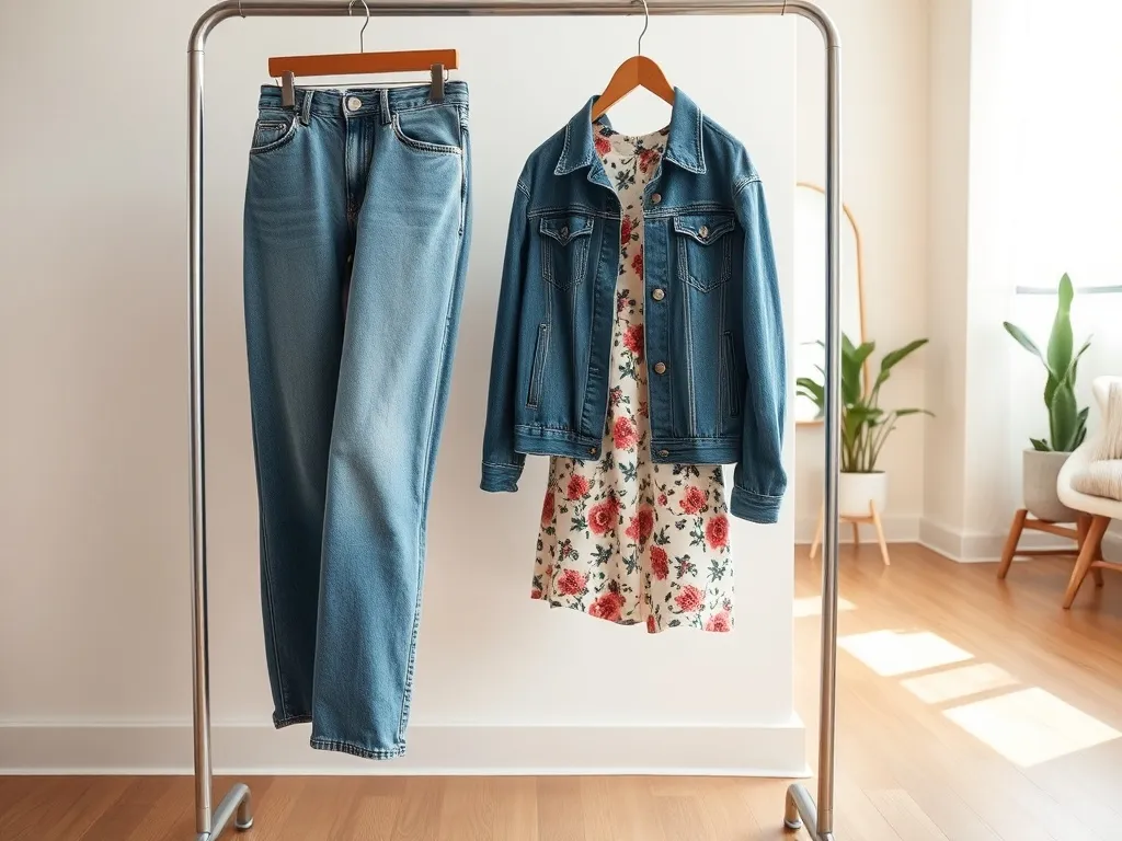 Minimalistyczny wieszak z jeansami, kwiecistą sukienką i sneakersami, symbolizujący powrót modowych trendów.