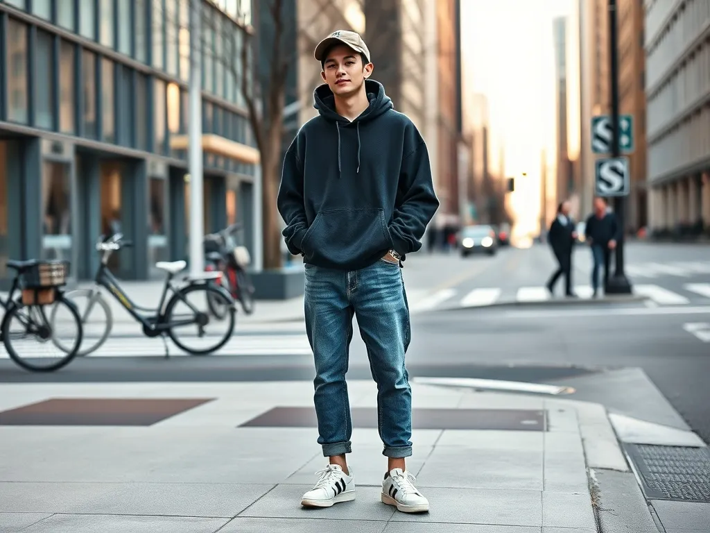 Młoda osoba w oversize’owej bluzie, luźnych dżinsach i masywnych sneakersach prezentuje swobodny, współczesny streetwear w mieście.