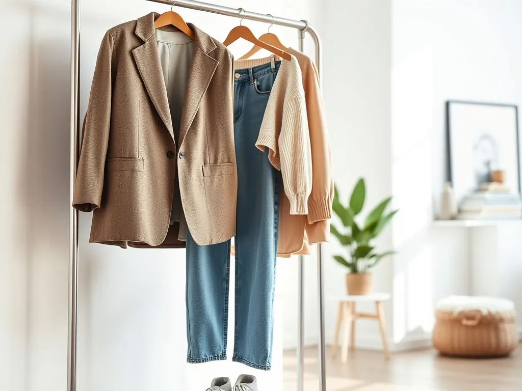 Minimalistyczny stojak z oversize’ową marynarką, mom jeans, pastelowym swetrem i sneakersami, ilustrujący aktualne trendy модy