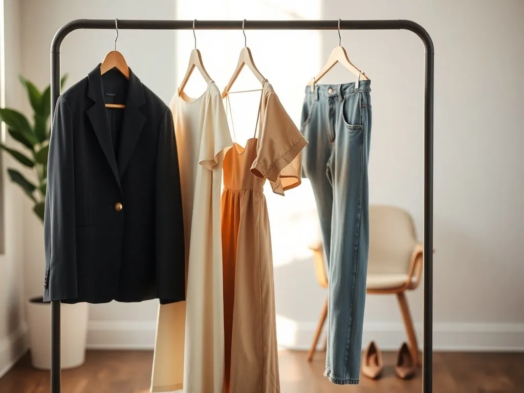 Minimalistyczny stojak z pastelowymi stylizacjami w modnym, neutralnym wydaniu na tle przytulnego, jasnego wnętrza.